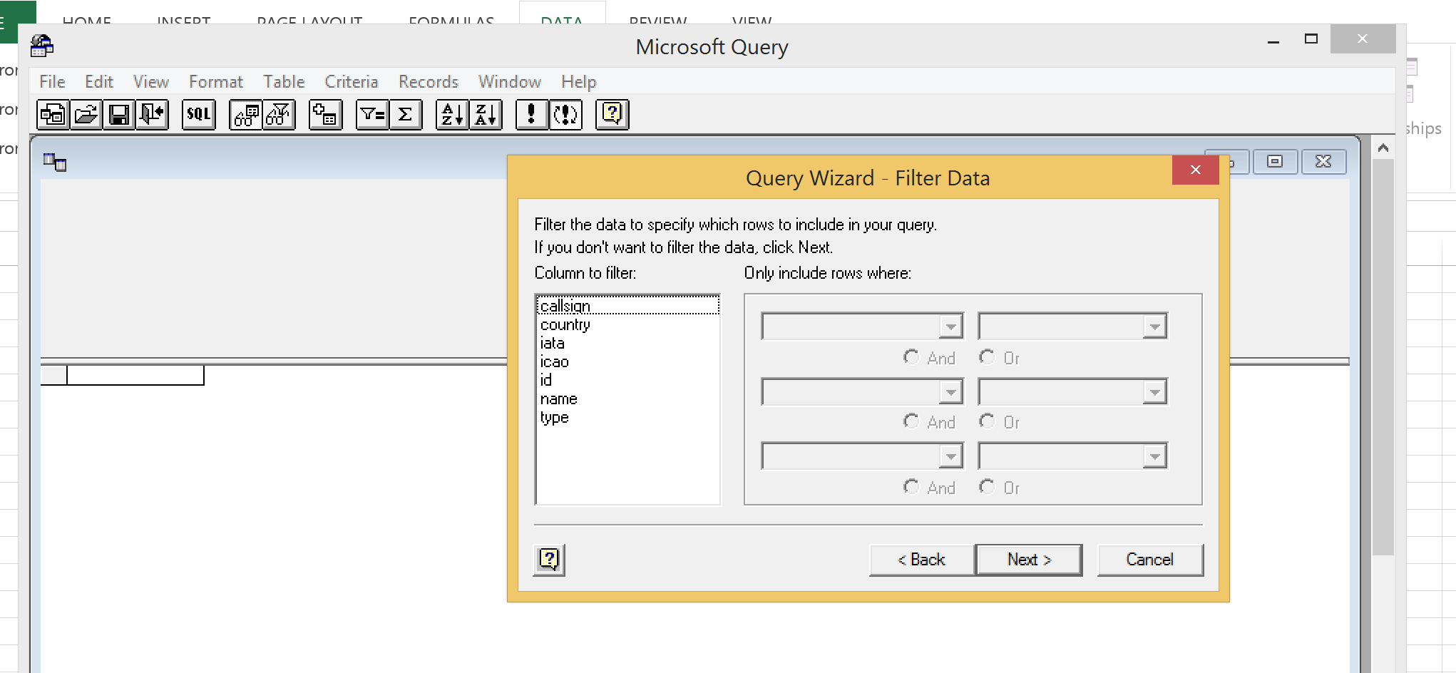 ODBC Excel Filter Data - Windows
