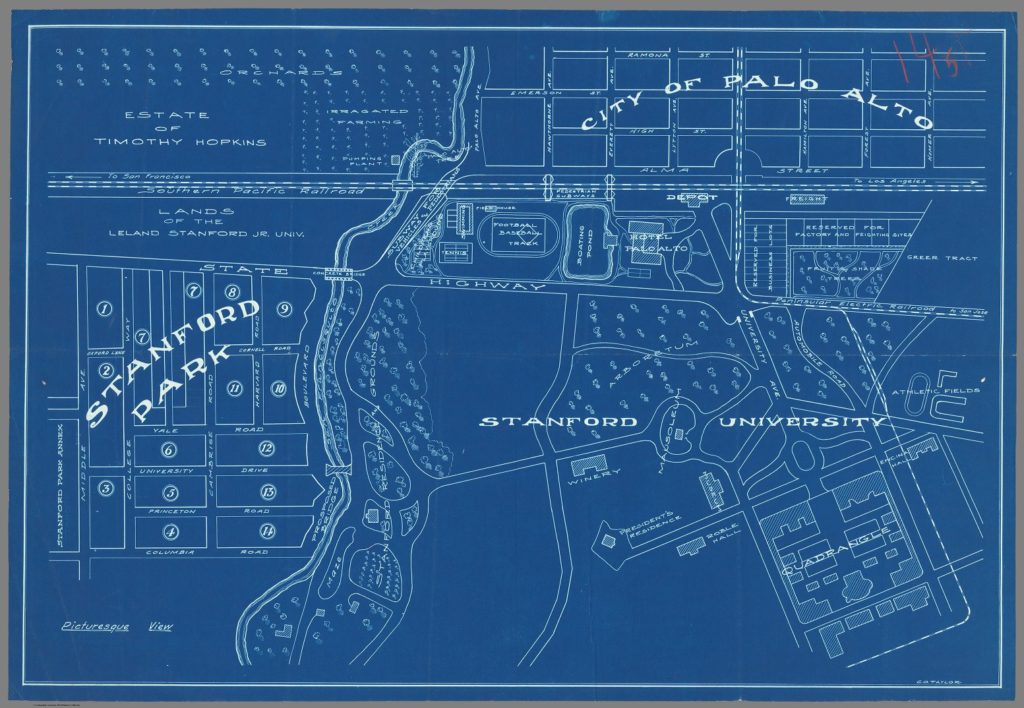 Geospatial Blueprint view of the lands of the Leland Stanford Jr. University, City of Palo Alto and Estate of Timothy Hopkins. 