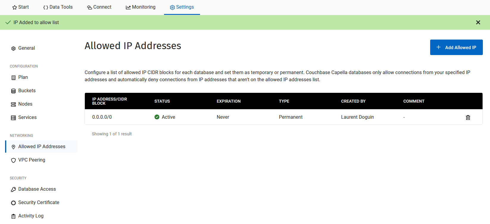 A screenshot of the resuting operation with the newly added IP range