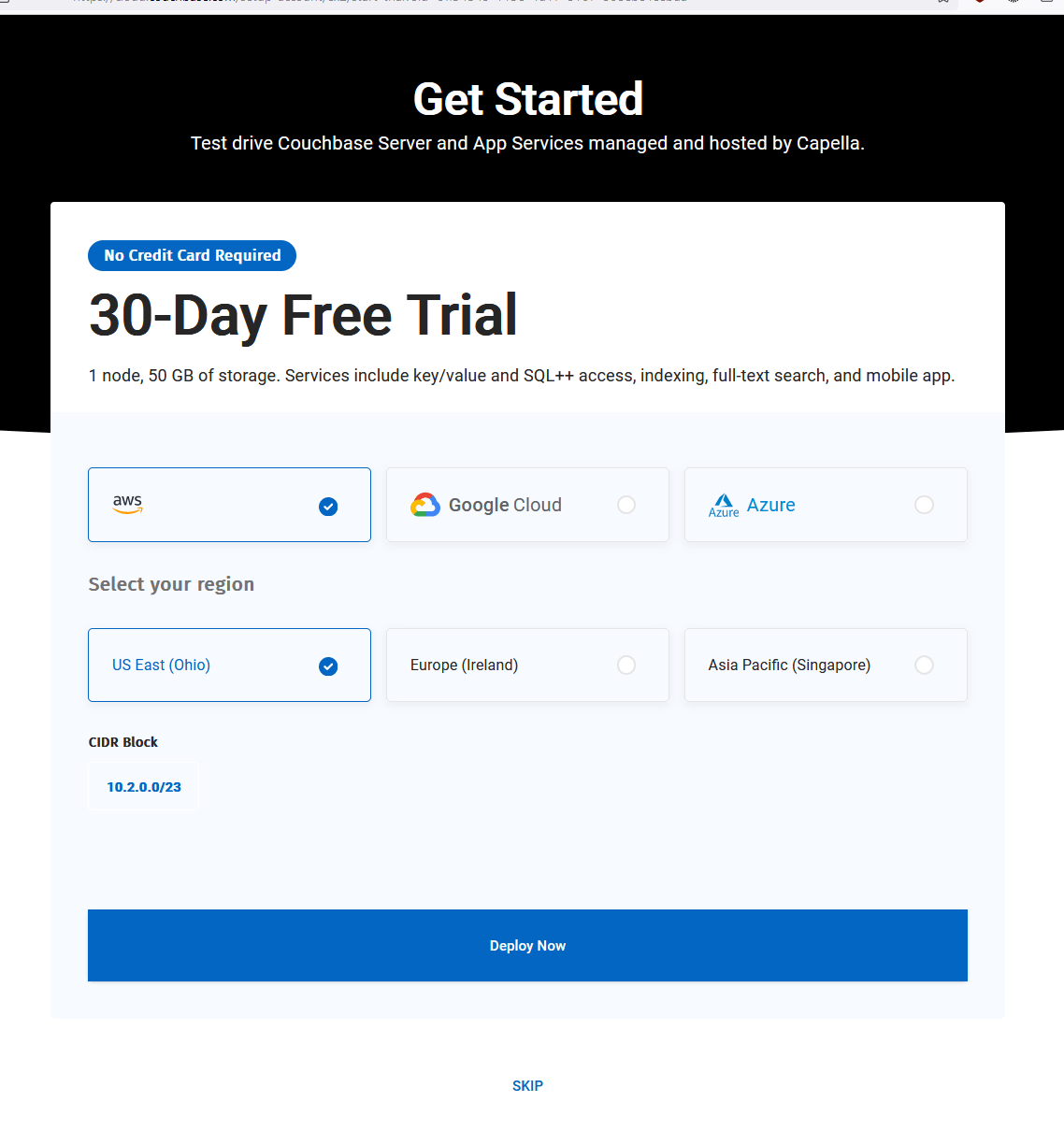 A screenshot of the first Couchbase Capella Get started wizard step