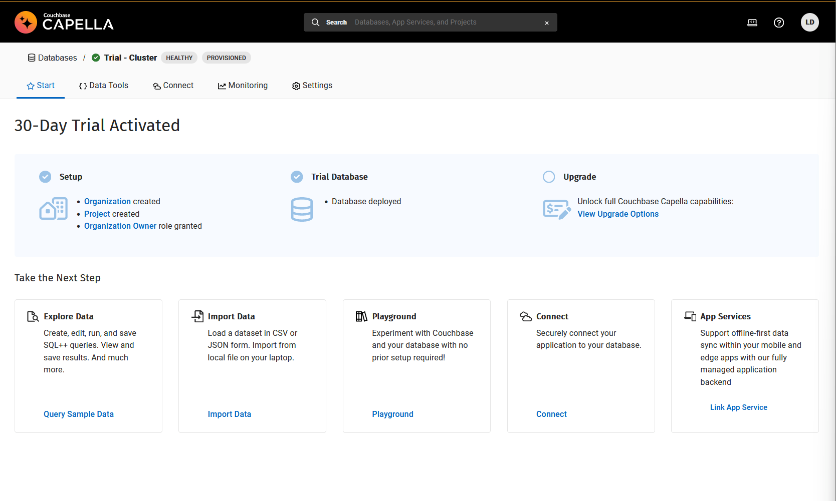 A screenshot of the Couchbase Capella trial home