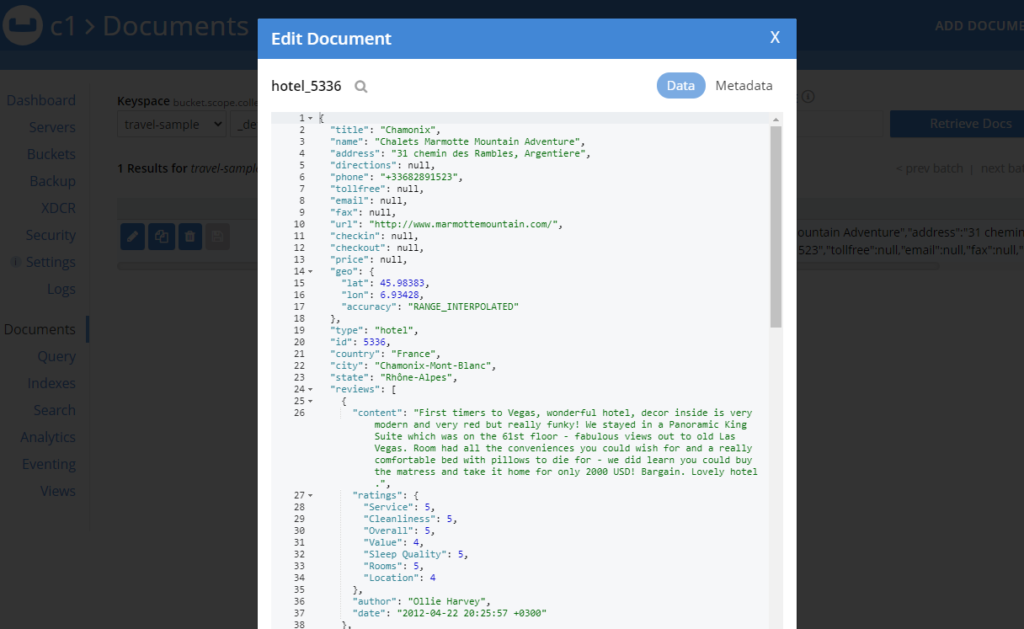 A JSON document visible in the Couchbase Web Console