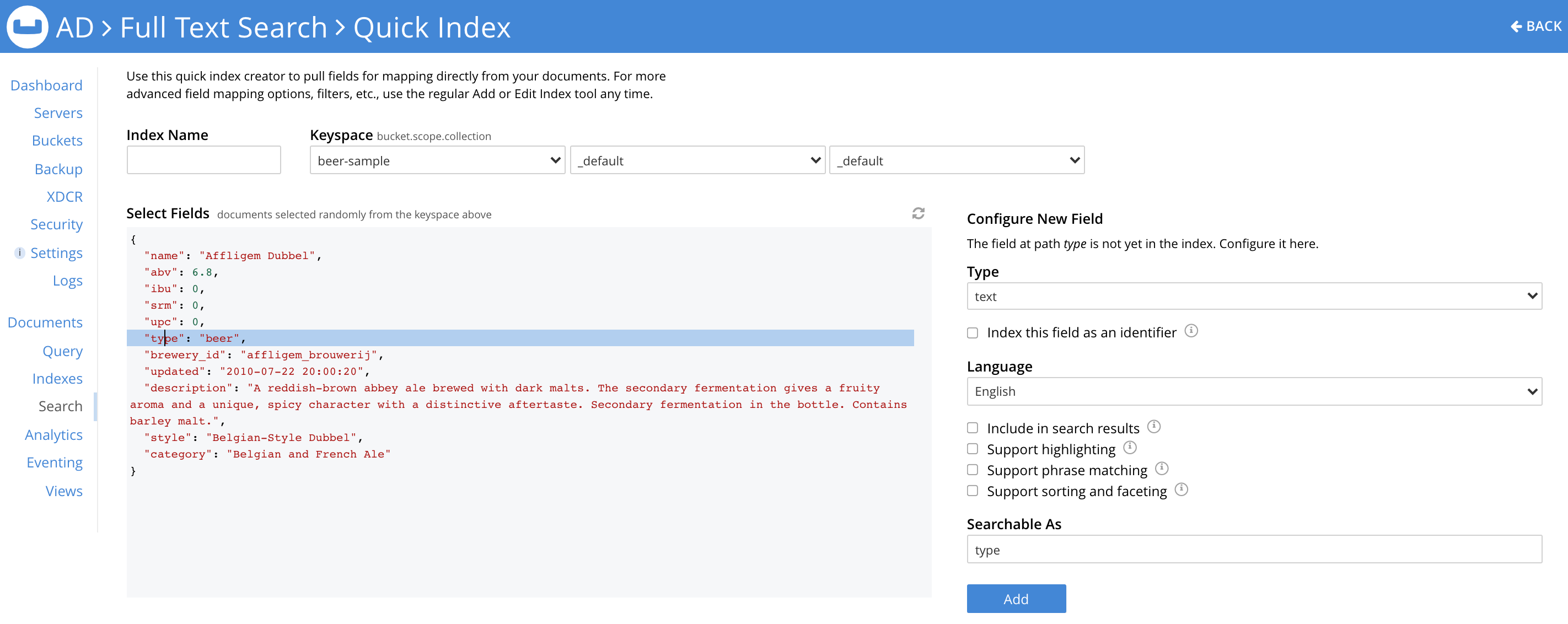 Configure field in Couchbase index editor