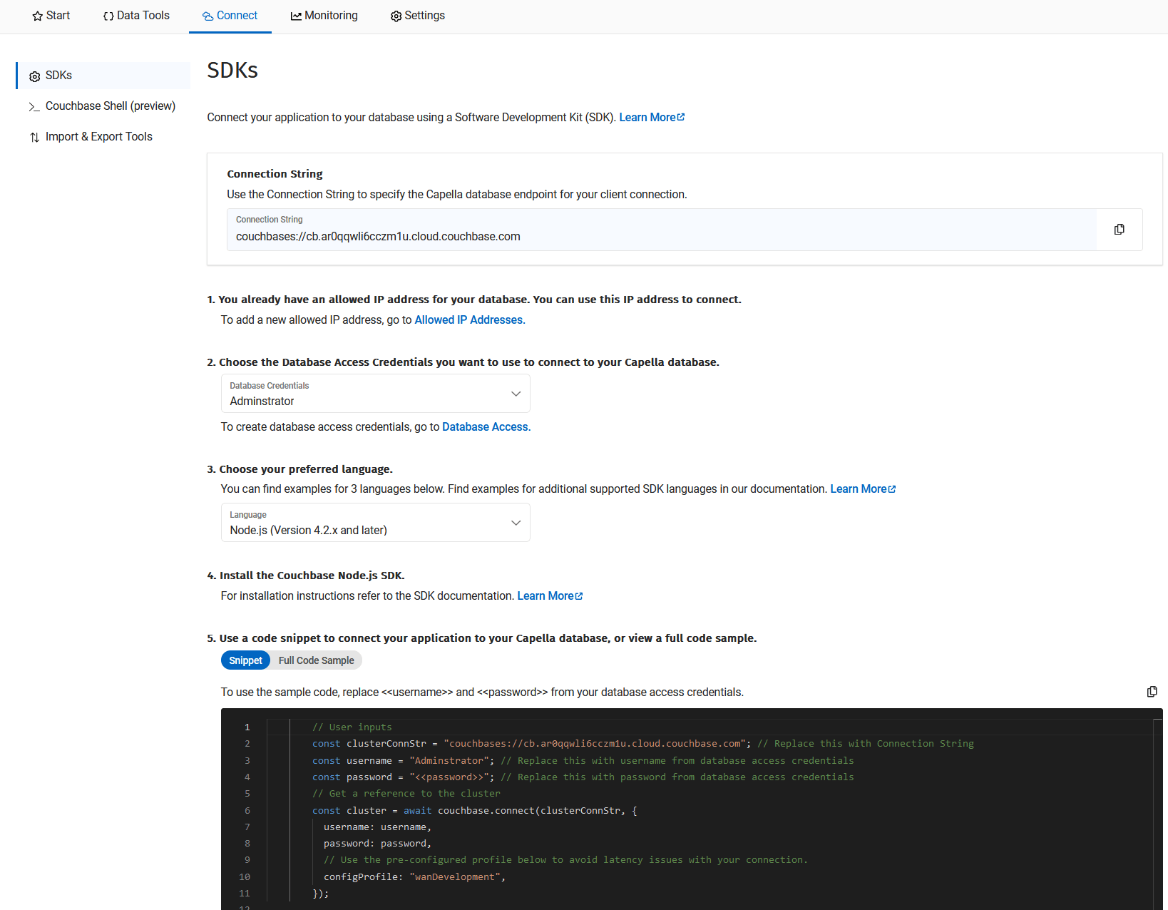 A screenshot of the SDK connection instructions, with doc and code