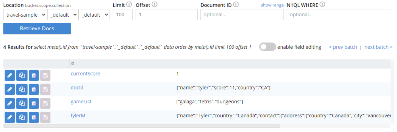 data structure documents listed in the bucket preview screen