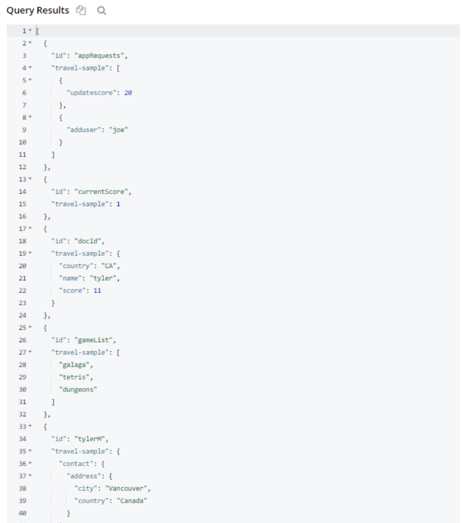 query results showing data structure documents