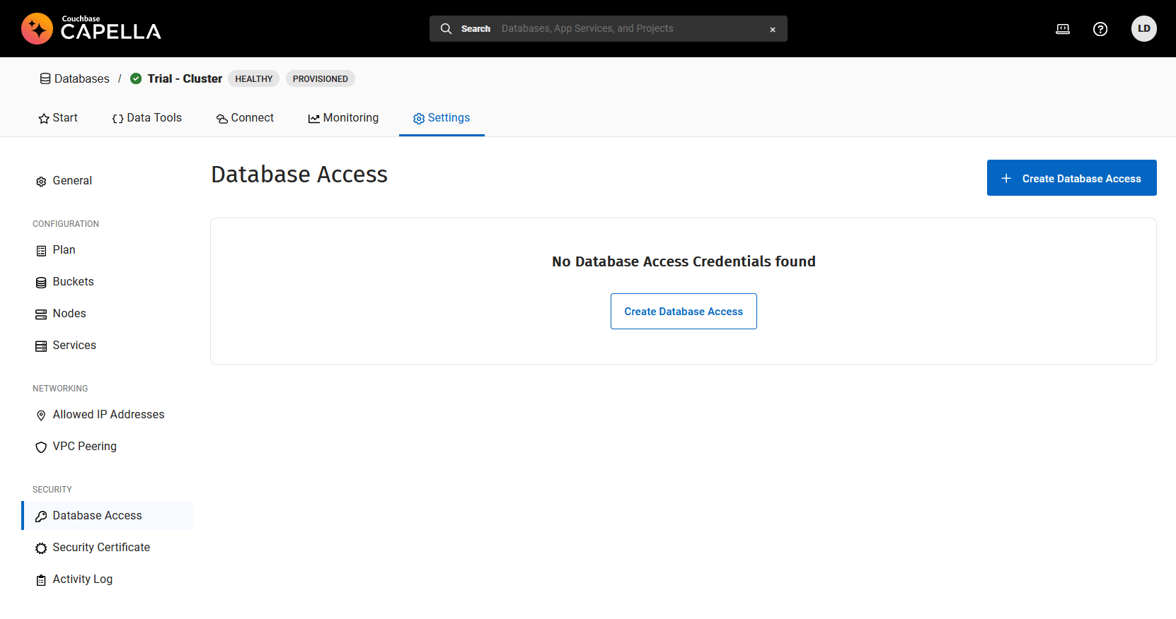 A screenshot of the empty Credentials settings