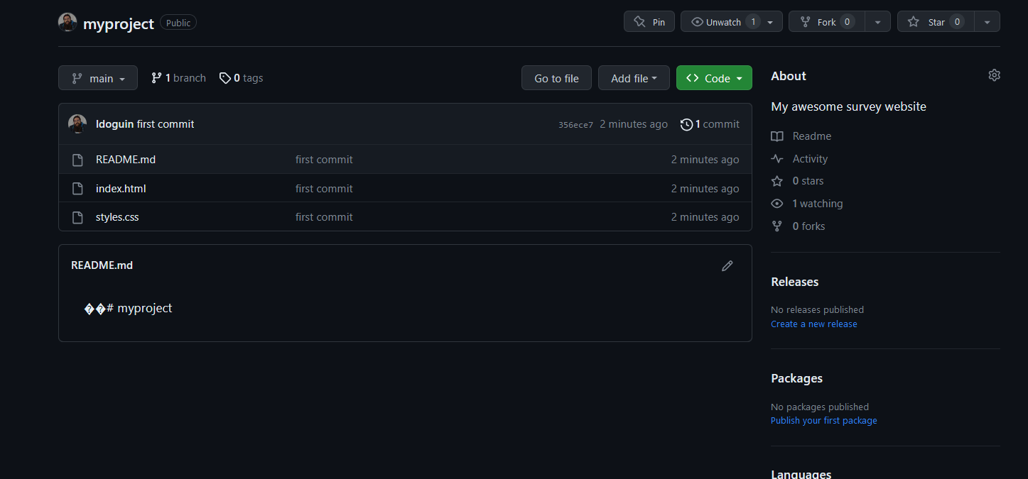 A screenshot of the github repository after an intial commit was pushed
