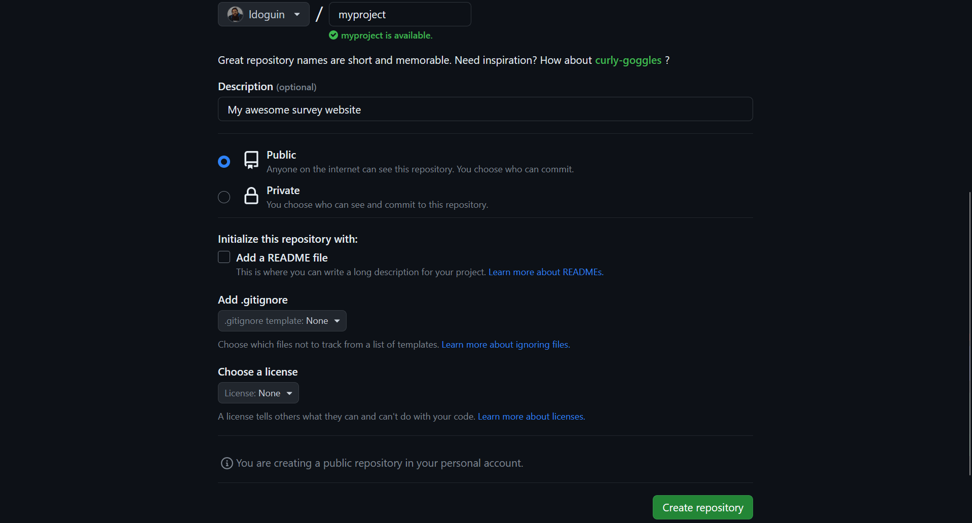 A screenshot of Github's repository creation wizard