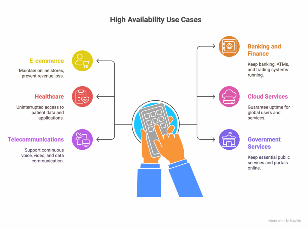 High availability use cases across e-commerce, healthcare, telecom, finance, cloud, and government services