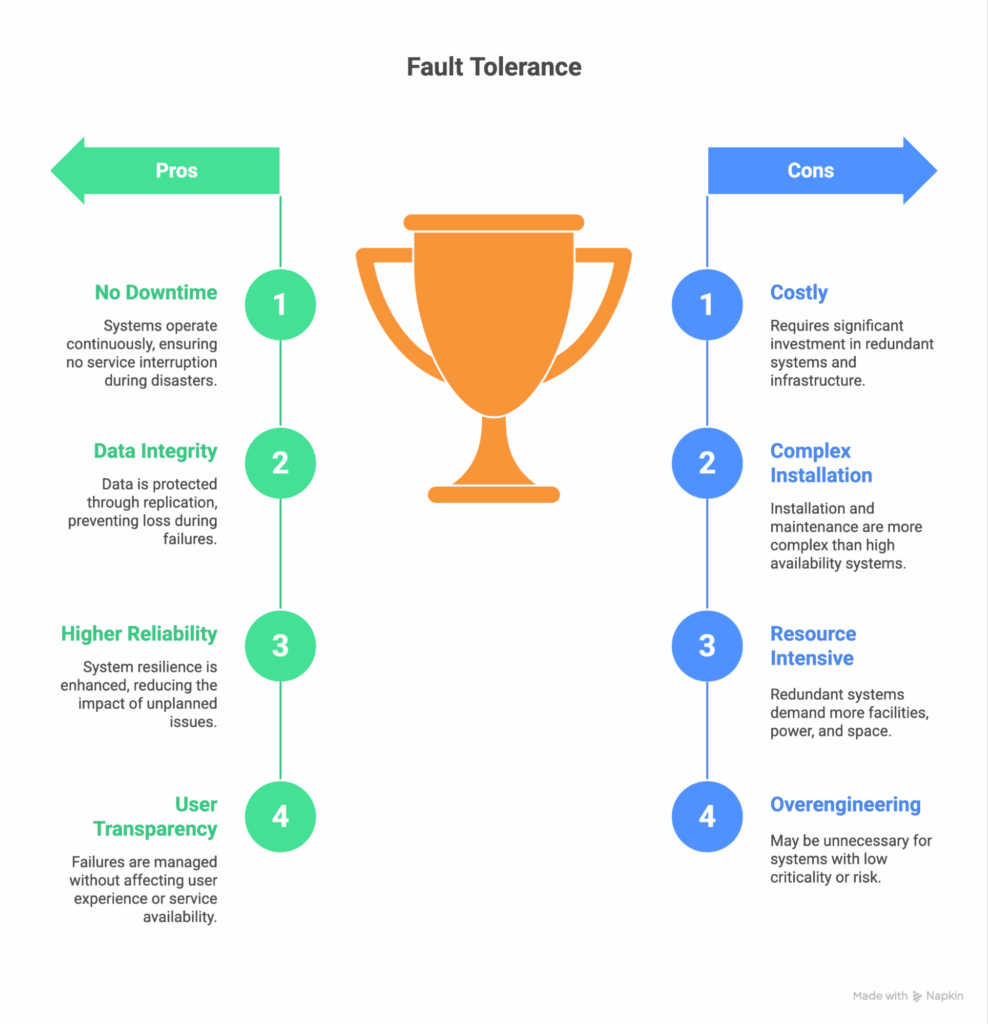 Fault tolerance pros and cons chart showing benefits like no downtime and drawbacks like cost, complexity, and resource use