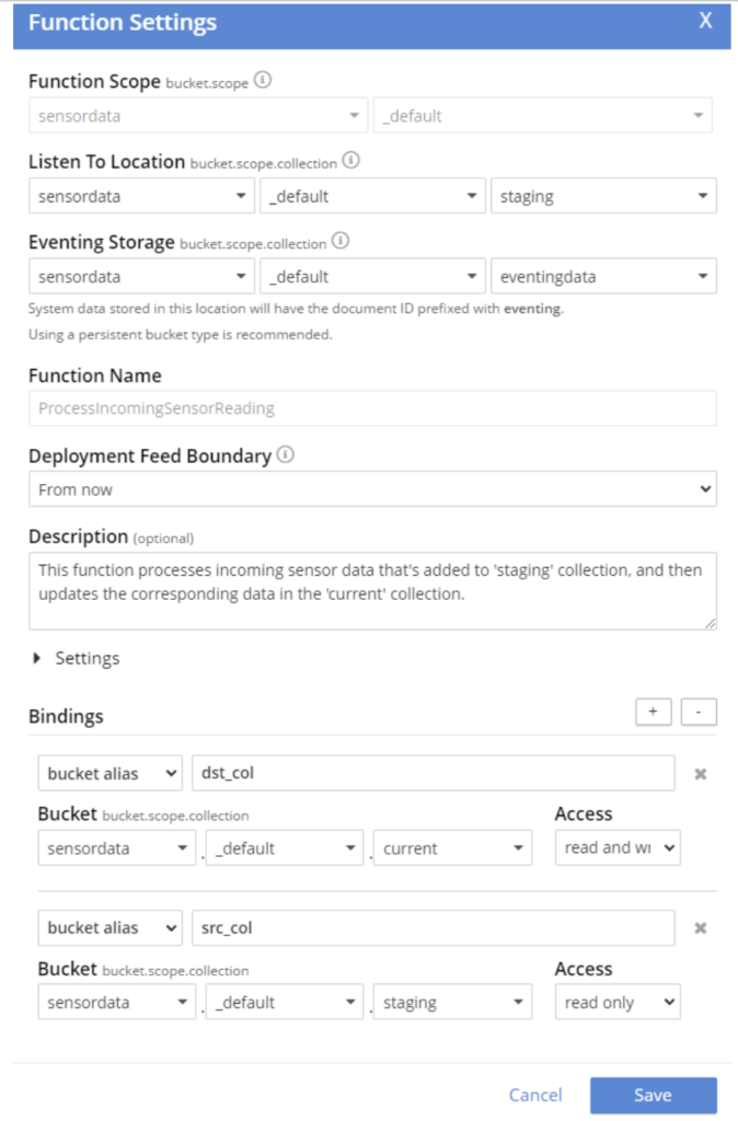 Eventing configuration window in Couchbase