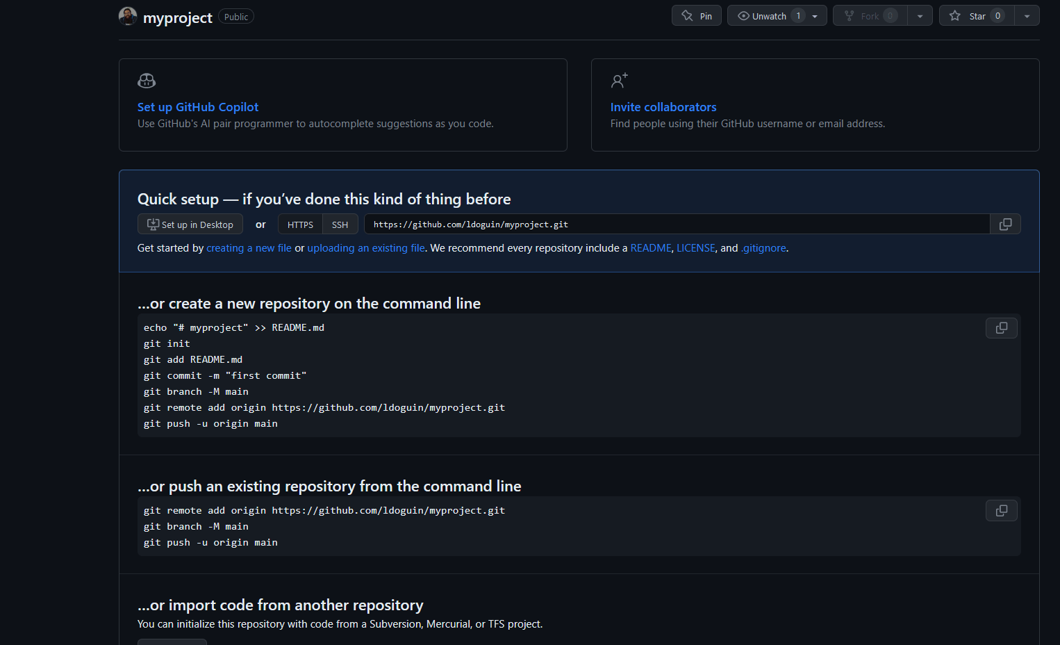 A screenshot of a newly intitialized Github repo