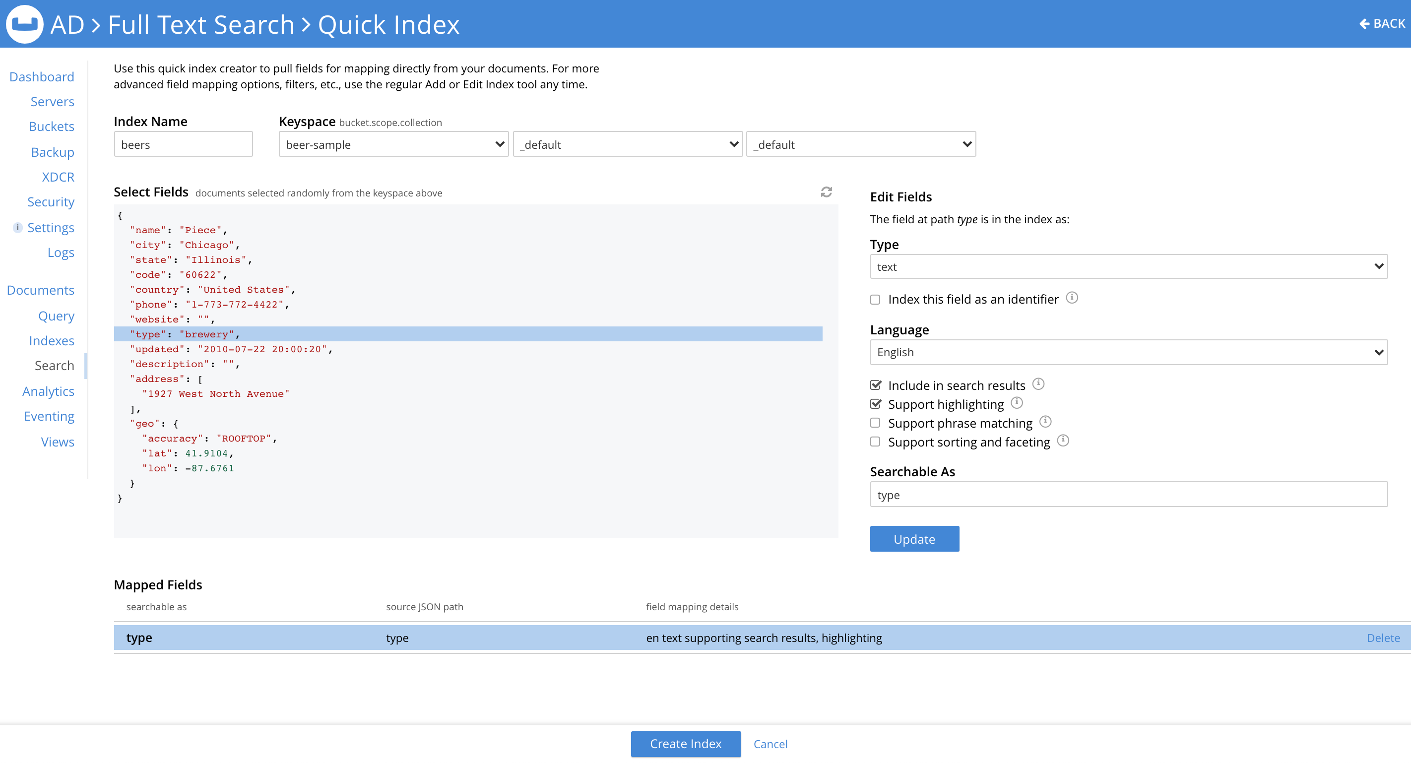 Mapped field in Couchbase index editor