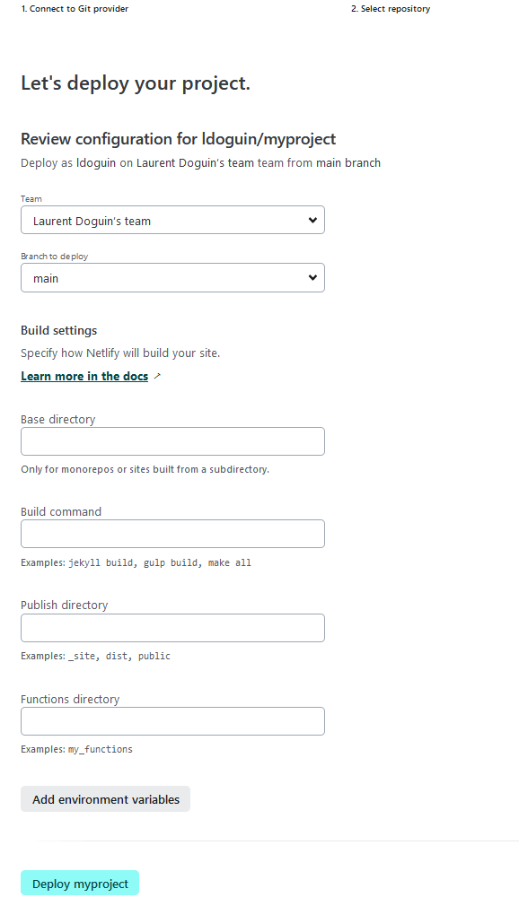 A screenshot of the default Netlify project configuration