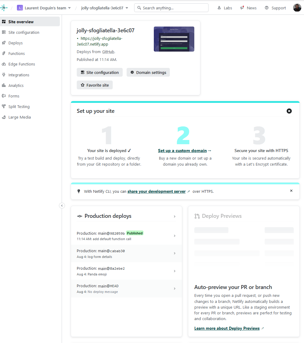 A screenshot showing the Netlify site administrator overview, with the list of all deployments already done