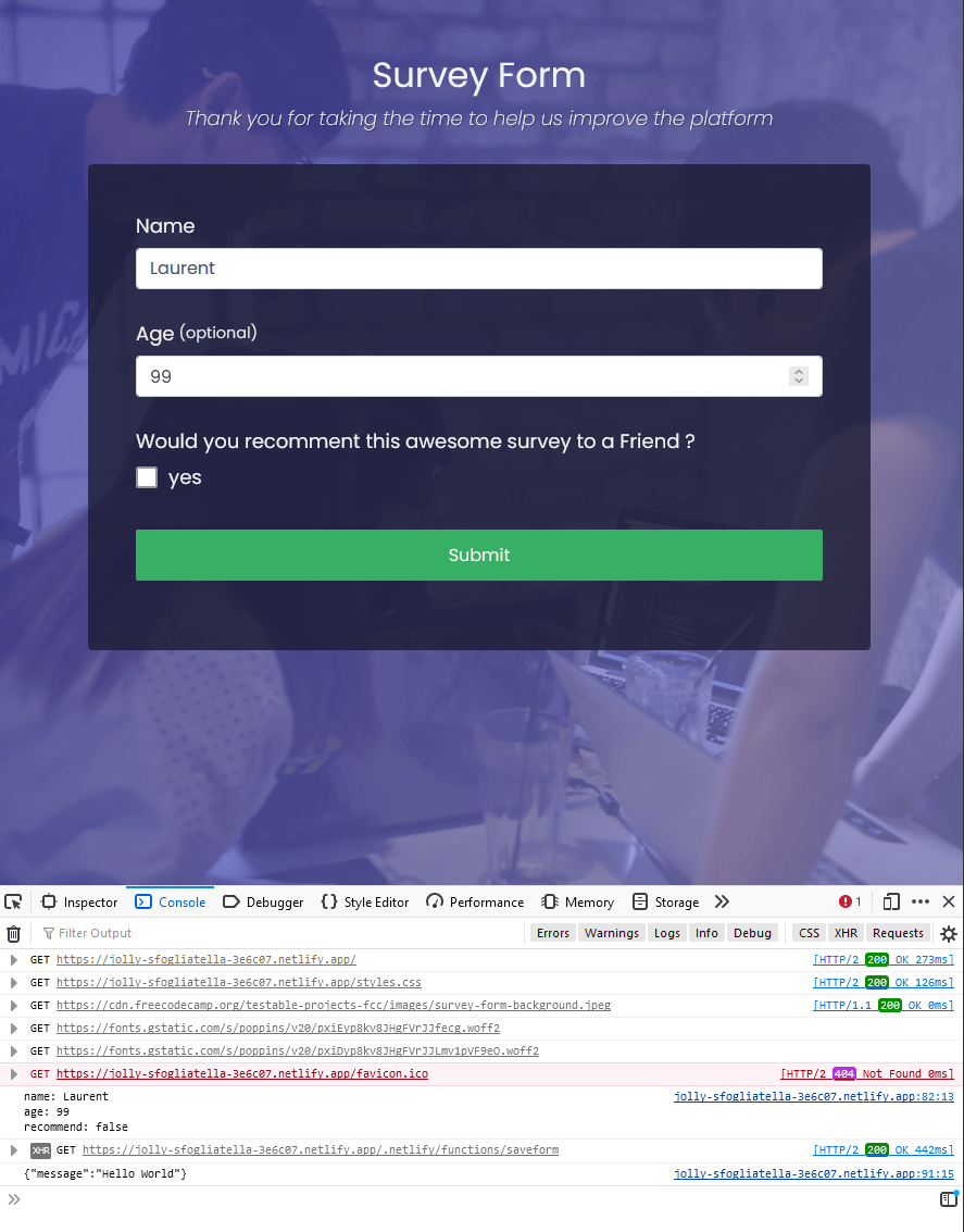 A screenshot of the form page and the developer tools opened, showing the message returned by the Netlify function