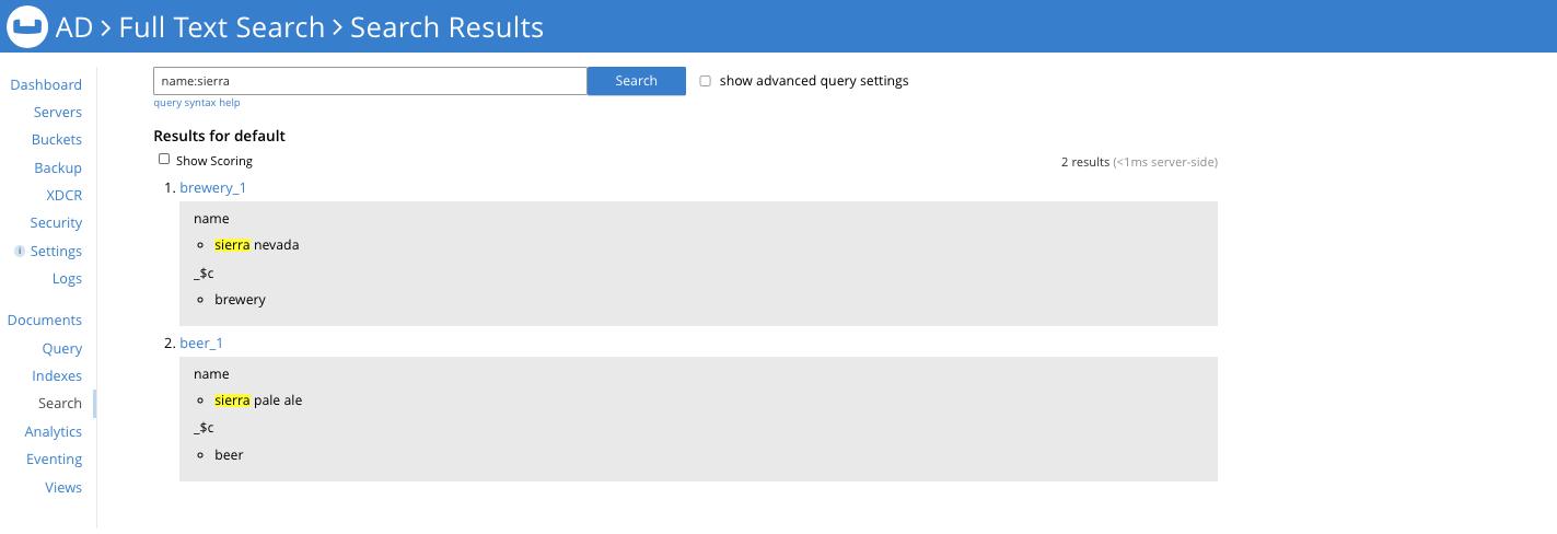 Full-text search results in Couchbase Web Console