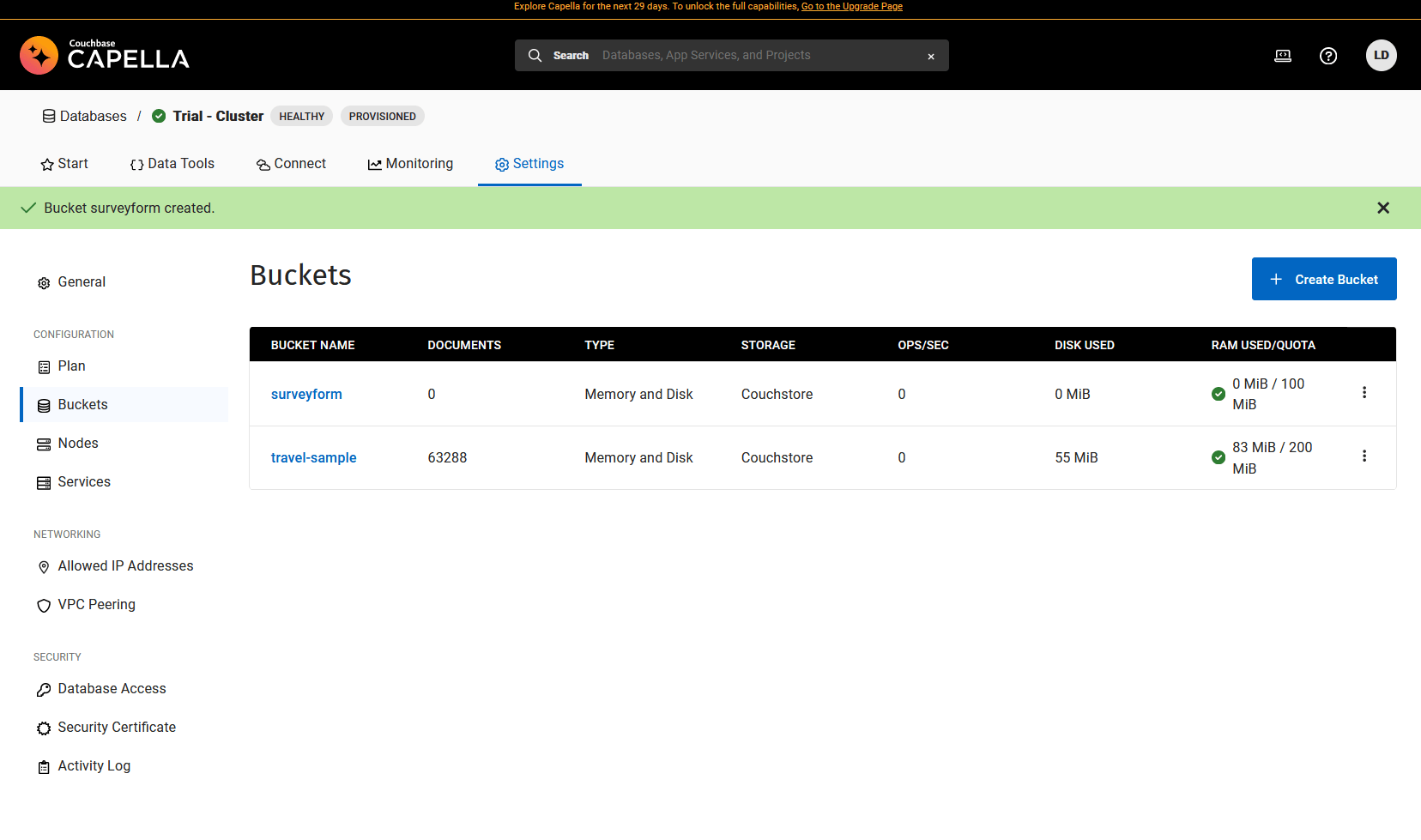 A screenshot of the Buckets settings home, with the newly created bucket visible